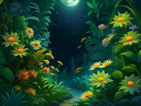 Moonlit Jungle Path with Vibrant Flowers