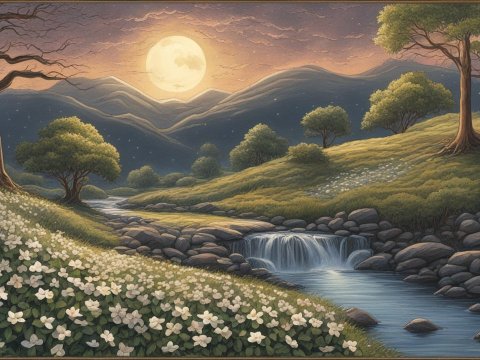 Moonlit Landscape with Flowering Dogwood and Stream