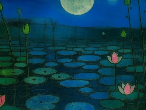 Moonlit Lily Pond with Pink Blossoms
