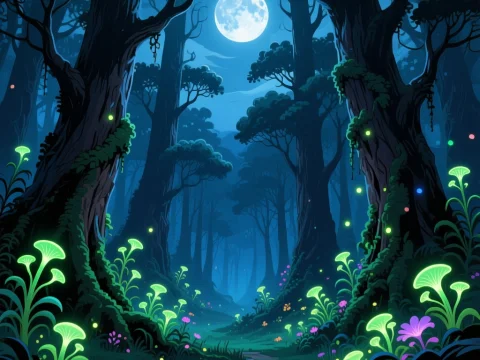 Moonlit Magical Forest with Glowing Plants
