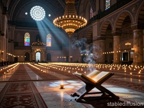 Moonlit Mosque Interior with Illuminated Quran