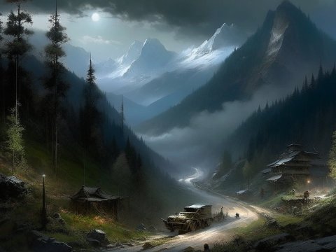 Moonlit Mountain Valley with Winding Road and Rustic Buildings