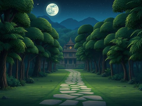 Moonlit Path Through a Dense Forest to a Mysterious Mansion
