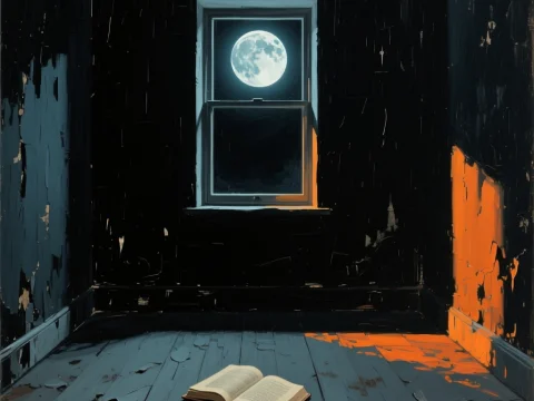 Moonlit Room of Solitude with Open Book