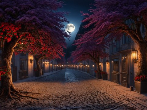 Moonlit Street with Vibrant Purple Trees and Red Flowers