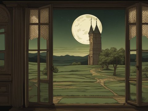 Moonlit Tower View Through Open Window