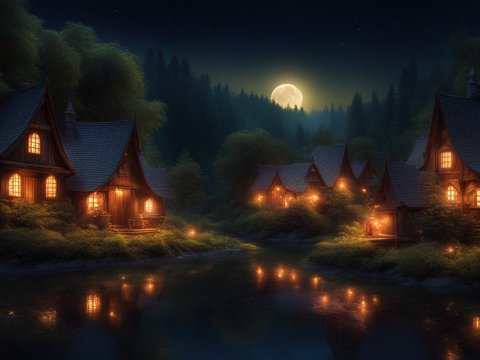 Moonlit Village by the Forest Lake