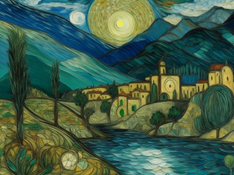 Moonlit Village by the River in a Stylized Landscape