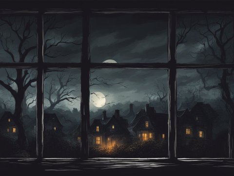 Moonlit Village View Through Window at Night