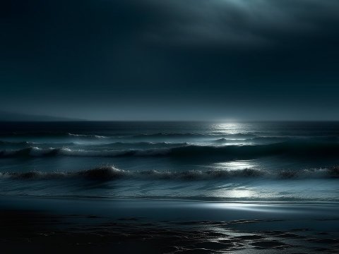 Moonlit Waves on a Dimly Lit Beach at Night