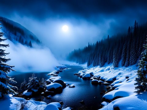 Moonlit Winter Fir Forest with Snow-Covered River