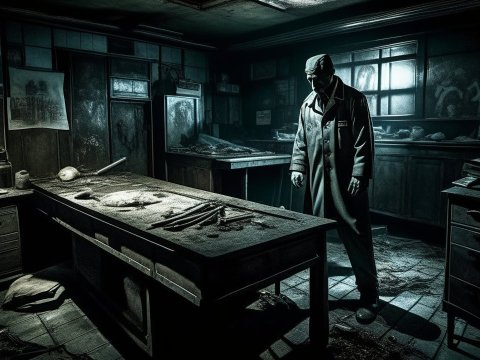 Morgue Guard in a Dark, Abandoned Autopsy Room