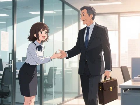 Morning Office Greeting Between Colleagues in Anime Style