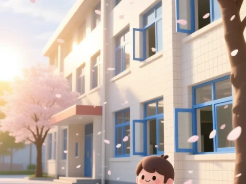 Morning School Corridor with Cherry Blossoms and Student