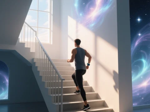 Morning Staircase Exercise with Cosmic Light Effects