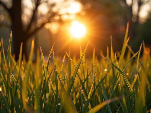 Morning Sunrise Through Dewy Grass