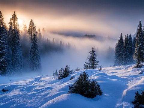 Morning Winter Forest with Mist and Snow