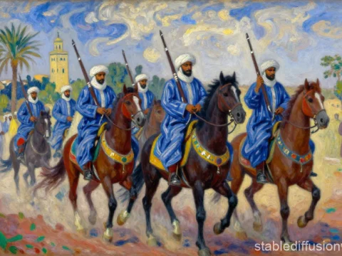 Moroccan Horse Riders in Traditional Blue Robes