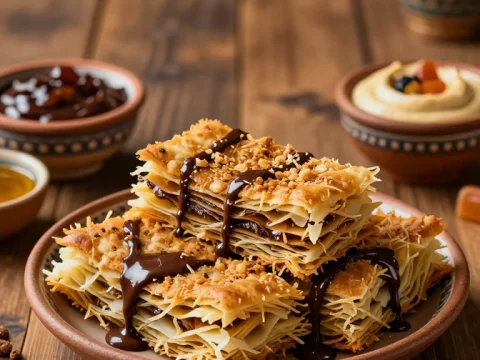 Moroccan Msemen Dessert with Chocolate Drizzle