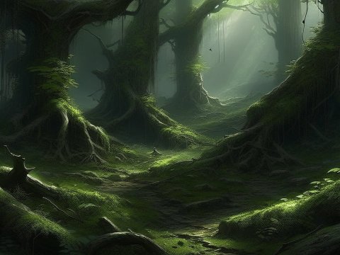 Moss-Covered Forest with Sunlight Beams