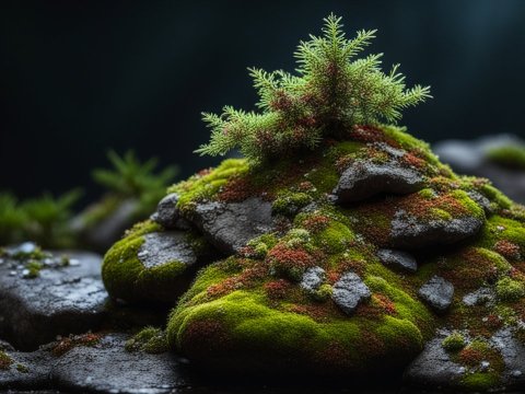 Moss-Covered Rocks with Small Pine Sprout