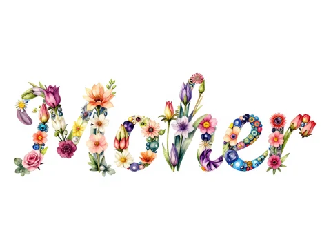 Mother Word Composed of Colorful Flowers in Watercolor