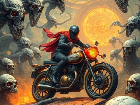 Motorcyclist Facing Demonic Skulls in Fiery Surreal Realm