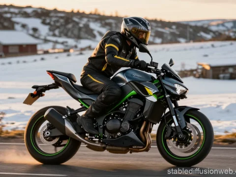 Motorcyclist Riding Kawasaki Z1100 on Snowy Road