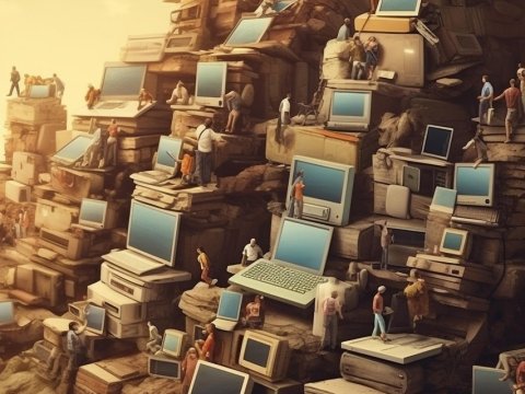 Mountain of Vintage Computers with Tiny People