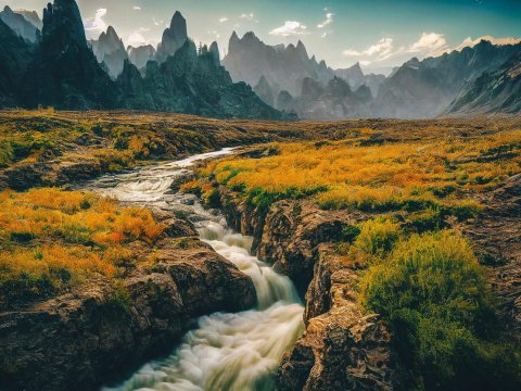 Mountain River Flowing Through Autumn Landscape