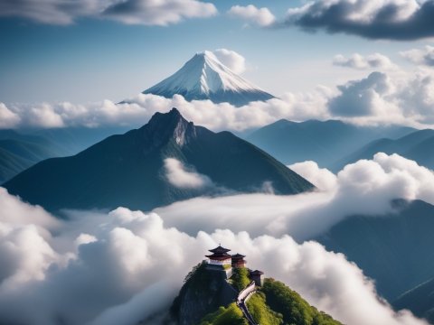 Mountain Temple Above the Clouds with Snow-Capped Peak