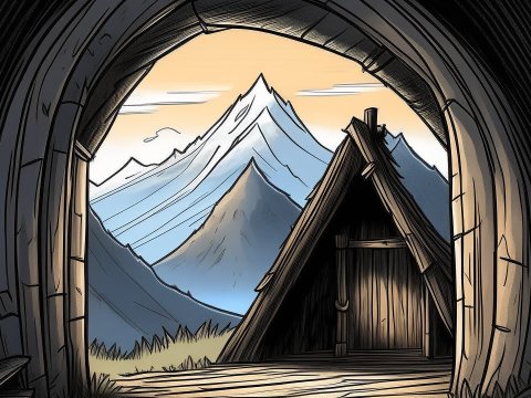 Mountain View from a Rustic Cabin Entrance