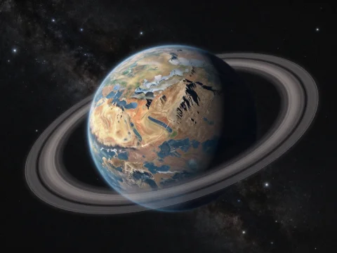 Mountainous Planet with Rings in Space