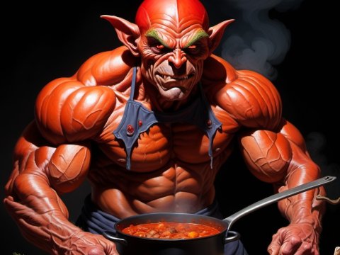 Muscular Demon Cooking a Spicy Stew
