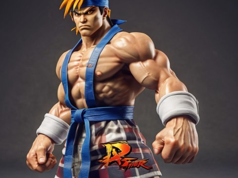Muscular Fighter Character in Blue Gi with Intense Expression