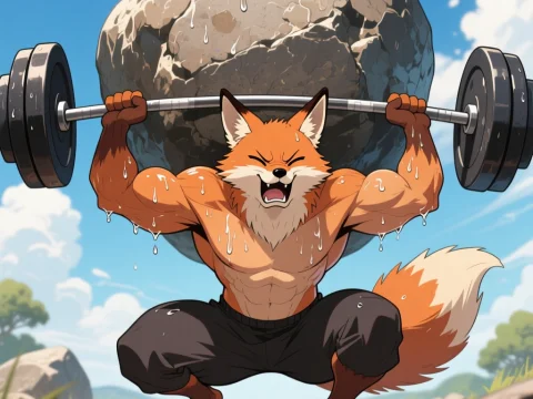 Muscular Fox Lifting Heavy Barbell with Giant Rock