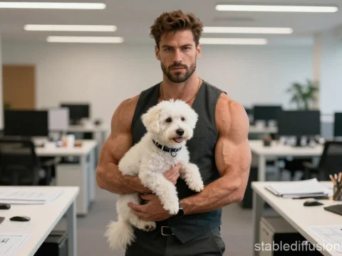 Muscular Man Holding a Small White Dog in Modern Office