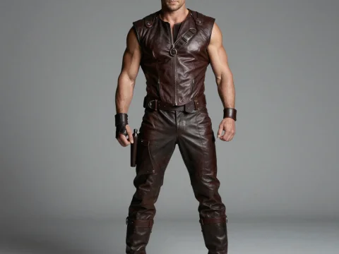 Muscular Man in Brown Leather Outfit Standing Confidently