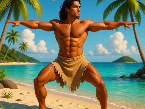 Muscular Man in Loincloth Posing on Tropical Beach