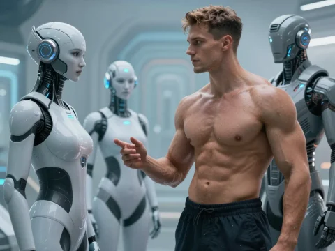Muscular Man Interacting with Futuristic Robots in Sci-Fi Setting