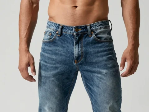 Muscular Man Wearing Faded Blue Jeans