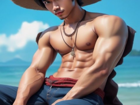 Muscular Man Wearing Straw Hat at the Beach