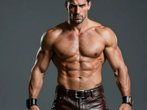 Muscular Man with Intense Expression in Leather Pants