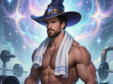 Muscular Wizard Lifting Weights in a Magical Gym