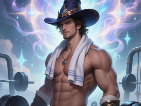Muscular Wizard Lifting Weights with Magical Aura
