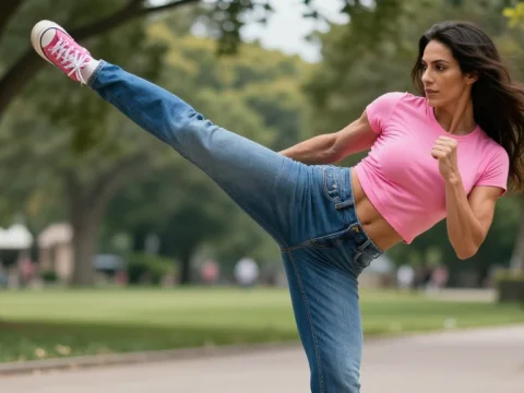 Muscular Woman Performing High Karate Kick Outdoors
