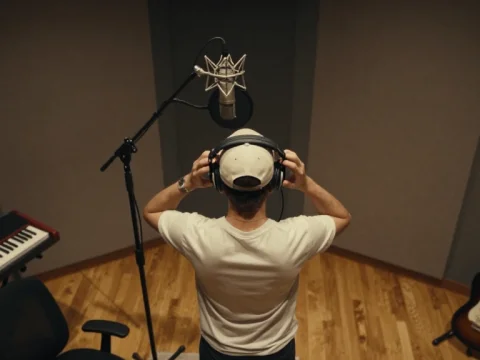 Musician Adjusting Headphones in Recording Studio