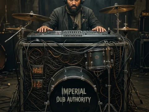 Musician Performing with Drum Kit and Synthesizer