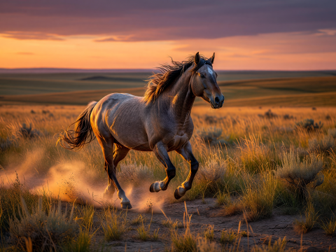 Mustang Galloping at Fiery Sunset in Open Plains