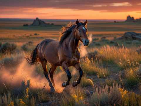 Mustang Galloping at Sunset on Prairie